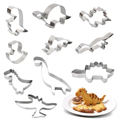 Produktbild von Dinosaurier-Ausstechformen, 10-teiliges Set, Ausstechformen für Fondant zum Selbermachen, Edelstahlformen, für Dinosaurier-Partydekorationen, selbstgemachte Kekse und Kuchen.