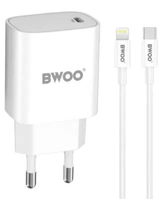 Zdjęcie produktu dla Bwoo Ładowarka Sieciowa 20W Pd Cda159 Usb-C + Kabel Usb-C - Lightning Biała