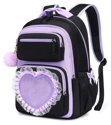 Image de Sac à dos pour filles, motif cœur, pour enfants de 8 à 16 ans, noir et violet