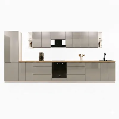 Produktbild von Küchenzeile 460 cm Einbauküche Küchenblock ohne E-Geräten Küche ohne Arbeitsplatte , Aspen KA9-M460, Grau/Hochglanz