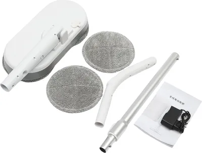 A collection of parts for an electric mop, including the main unit, mop pads, extension poles, and a charger, laid out on a white background.