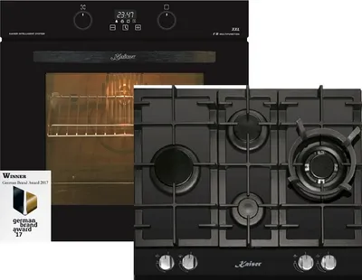 A black built-in oven and a black gas cooktop are shown side-by-side against a white background.