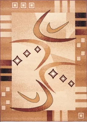 A close-up, top-down view of a modern rug with abstract swirling patterns and geometric shapes in cream, beige, and brown tones.