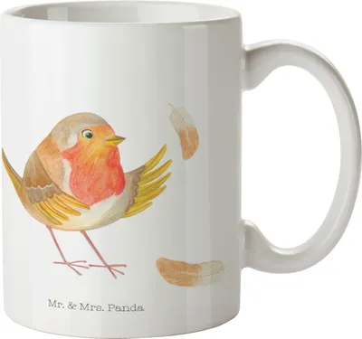 Produktbild von Mr. & Mrs. Panda Kaffeebecher Rotkehlchen Federn - Weiß - Geschenk, Trinkbecher, Teetasse, Lustige Sprüche, Keramikbecher, Henkeltasse, Spruch Motivation, Mut, Tasse