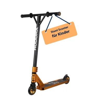 A HUDORA Stunt Scooter XR-25.1 in gold and black, with a tag attached to the handlebars.