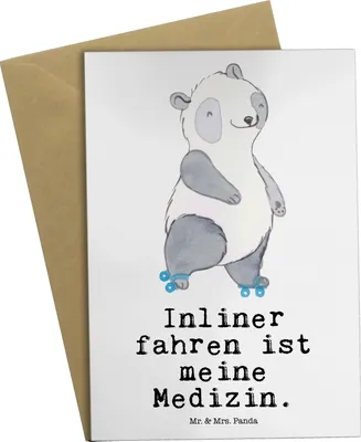 Produktbild von Mr. & Mrs. Panda Grußkarte Panda Inliner fahren - Weiß - Geschenk, Rollschuh, weihnachtskarten, einladungskarten, Inlinern, hochzeitskarten, glückwunschkarten, osterkarte