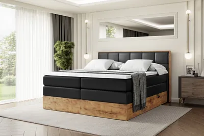 Produktbild von ALTDECOR Boxspringbett mit Matratze und Lattenrost, Topper, Polsterbett mit Bettkasten, Bett mit Stauraum H3- und H4- Matratze, Doppelbett, Springboxbett -LOLLI7 KING-140x200 - Schwarz Kunstleder