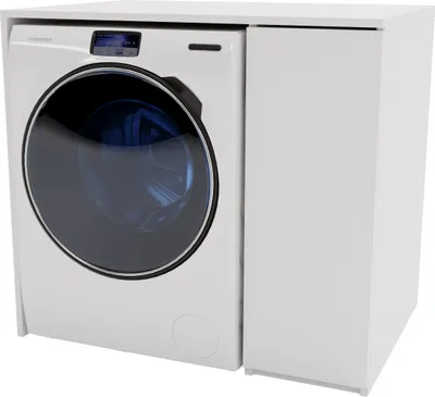 A white washing machine cabinet with a sliding door.