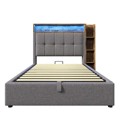 Produktbild von Polsterbett mit LED-Beleuchtung und Stauraum, 90x200 cm, Kopfteil gepolstert, Typ-C, USB, Einzelbett, Leinen
