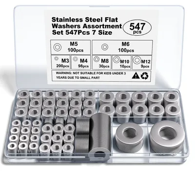 Produktbild von Unterlegscheiben-Set aus Edelstahl A2-304 V2A – 549-teilig, Unterlegscheiben und Sicherungsscheiben, Größen M3–M12, Edelstahl für Schrauben und Muttern