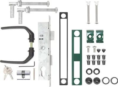 A collection of hardware components for a gate, laid out on a white background.