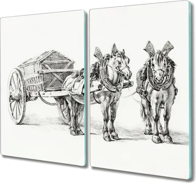 Produktbild von Coloray Herdabdeckplatte 2x30x52 cm Schneidebrett Kochplattenabdeckung Küchenbrett Hackbrett - Tiere Pferdekutsche