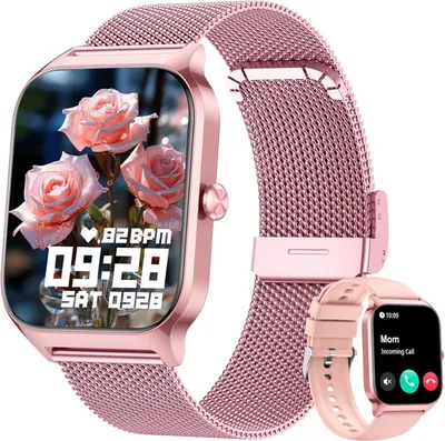 A smartwatch with a rose gold metal band and a smaller inset image of a pink smartwatch with a silicone band.