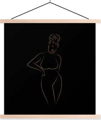 Produktbild von MuchoWow® Textilposter Frau - Schwarz - Gold - Strichzeichnung 40x40 cm mit holzfarbenen Rahmen - Posterleiste