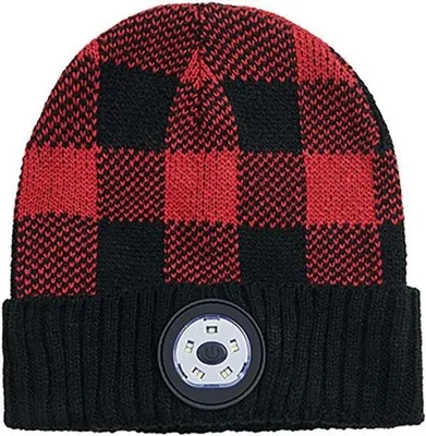 Produktbild von LED-Beanie mit USB-Ladefunktion Wintermütze mit LED-Taschenlampe für Fahrradfahren Joggen Schwarz + Rot Streifenmuster Eine Größe