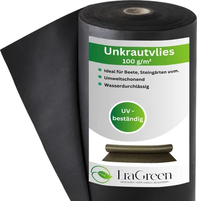 A roll of black weed control fabric with a label showing product information.