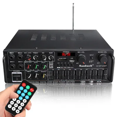 Obrázek produktu pro Hi-Fi stereofonní zesilovač – 2kanálový AV zesilovač 326BT – výkon 3000 W – Bluetooth 5.0 – 4 mikrofonní vstupy – USB a dálkové ovládání – napájení 12 V/220 V – černý