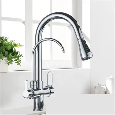 Produktbild von Dreiwege-Kš¹chenarmatur (mit ausziehbarer Brause und Wasserfilter), Zweigriff-Kš¹chenarmatur aus Edelstahl, 360¡ã schwenkbar, Warm- und Kaltwasser