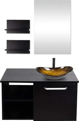 Produktbild von Puluomis Badmöbel Set mit Waschbecken Waschbeckenunterschrank mit Waschbecken Waschtisch Unterschrank mit Spiegel badezimmer Küche schwarz gelb