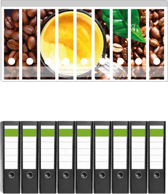 Produktbild von Wallario 9 Stück breite Ordner inkl. Klebeetiketten mit Motive Kaffee und Bohnen -  Set mit Rückenschildern / Ordnerrücken Stickern