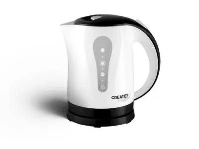 A white and black electric kettle is shown on a white background with a shadow.
