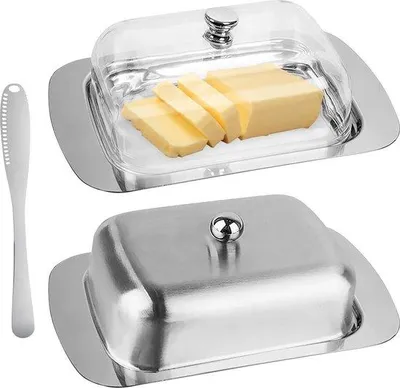 Produktbild von Stahlbutterbehälter mit Deckel - transparente Butterbehälter - Buttermesserset - Butterbel - Dessertschale - Kaasbroodbox - Set aus 2 Butterbehältern