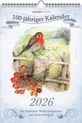 Produktbild von Alpha Edition - 100-jähriger Kalender 2026 - Wandkalender 23,7×34 cm mit täglichen Wetterprognosen, Bauernregeln, deutschsprachigem Kalendarium,er Bildkalender mit Zusatzinfos