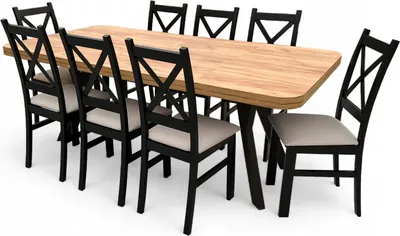 Produktbild von Set aus 8 Stühlen + Zaowal Tisch 100x100 ausziehbar auf 200 cm Eiche Craft + Beige