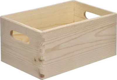 A light-colored wooden storage box with handles on the sides, shown from a slightly elevated side angle against a white background.