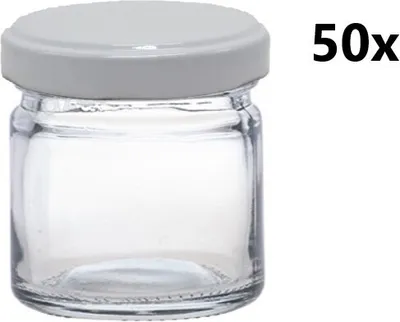 A single clear glass jar with a white lid is shown against a white background, with the text '50x' to the right.