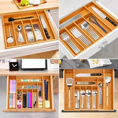 Image de Range-couverts en bois extensible jusqu'à 9 compartiments - Organisateur de cuisine pour tiroirs en bois