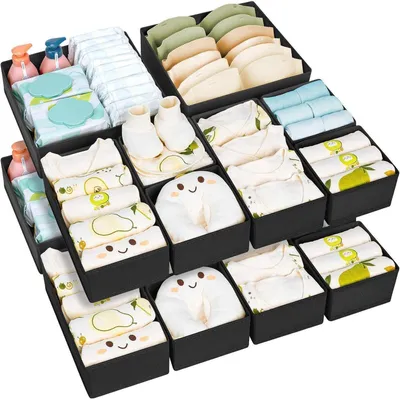 Image de Organisateur de tiroirs, lot de 15, boîtes de rangement en tissu pliables pour vêtements, chaussettes et sous-vêtements, couleur noire