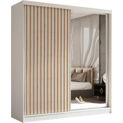 A sliding door wardrobe with a slatted front and a mirrored door, reflecting a bedroom interior.