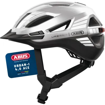 Produktbild von ABUS Stadthelm Urban-I 4.0 ACE - Fahrradhelm mit aufladbarem Rücklicht, 4 Leuchtmodi, Schirm, Zopf-Öffnung und magnetischem Verschluss - für Jugendliche, Frauen und Männer - Größe M, silber