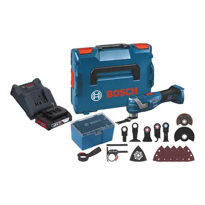 Produktbild von Bosch GOP 18V-34 Professional Akku Multi Cutter 18 V Starlock Plus + 1x Akku 2,0 Ah + Ladegerät + 17 tlg. Zubehör + L-Boxx