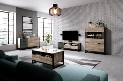 Produktbild von Wohnzimmer-set ARDEN 1 Kommode + Vitrine + TV-Schrank + Couchtisch eiche sand grande / matera