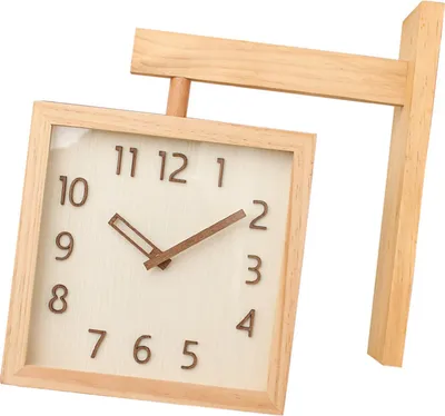 Imagen del producto de Reloj de pared sencillo, silencioso, cuadrado, de doble cara, decorativo, de madera, ideal para esquinas, para sala de estar o cualquier espacio del hogar. Color original de la madera