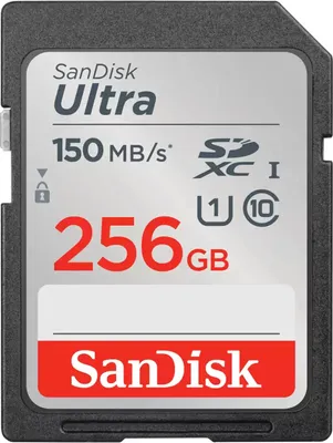 A close-up studio shot of a SanDisk Ultra 256GB SDXC memory card.