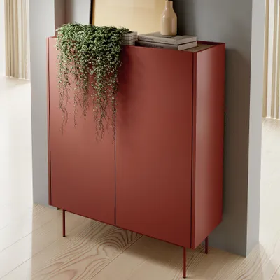 Produktbild von Moderne Hochkommode LUMO KW2D Ceramic Red Eiche Linea auf Metallfüßen Schrank Highboard