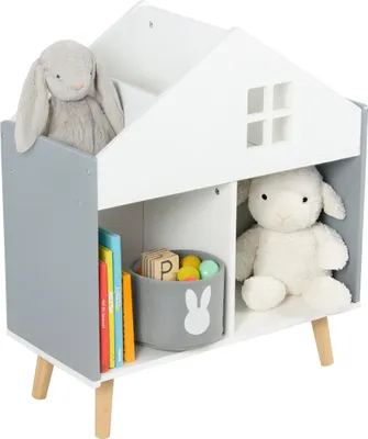 Immagine prodotto di Scaffale per bambini Relaxdays a forma di casetta, 6 ripiani, A x L x P: 65,7 x 60 x 30 cm, scaffale per giocattoli, spazio contenitivo per la cameretta, bianco/grigio