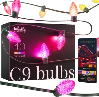 A product shot of Twinkly C9 LED string lights, with a box and a smartphone displaying the app interface.
