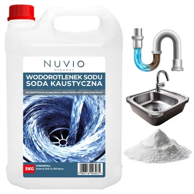 A collage of a large container of caustic soda, a sink with a drain, a pile of white powder, and a diagram of a clogged pipe.