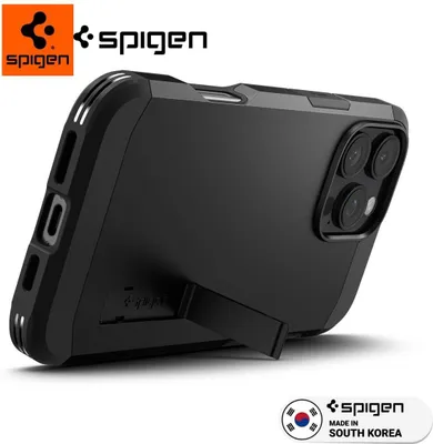 A black Spigen phone case with a kickstand is shown from a side angle against a white background.