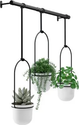 Three white planters with plants hanging from a black metal bar.