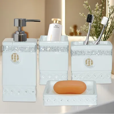 Immagine prodotto di Set di accessori da bagno CAAHANJIA, set regalo in Vetroceramica, dispenser per sapone, erogatore, spazzolino da denti