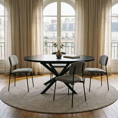 Produktbild von Essgruppe TOLEDO mit Tisch und 4 Stühlen, Schwarz/Grau - Esstisch rund 120 cm, Esszimmermöbel Set, ausziehbar und platzsparend, ideal für kleine Räume, modernes Design