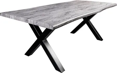 Produktbild von riess-ambiente Industrial Esstisch WILD 180cm grau gekälkt Wildeiche-Design Baumkante schwarz X-Gestell Esszimmertisch Konferenztisch