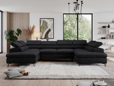 Produktbild von Wohnzimmersofa mit Schlaffunktion, U-form, verstellbare Kopfstützen, Bettkasten - PEDRO U - Velvet - Schwarz