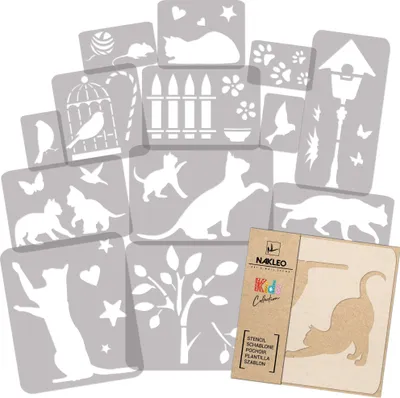 Produktbild von Schablonen Malen für Kinder, 14 Stück Set 9x12 bis 23x34 cm Katzen Tiere, Wiederverwendbare Kunststoff für Kinderzimmer Malvorlage Raumdekoration
