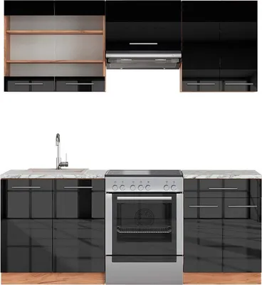 Produktbild von Küchenzeile Vicco Fame-Line Anthrazit Hochglanz/Goldkraft Eiche 200 cm , AP Marmor, Model 42123